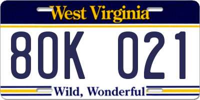 WV license plate 8OK021
