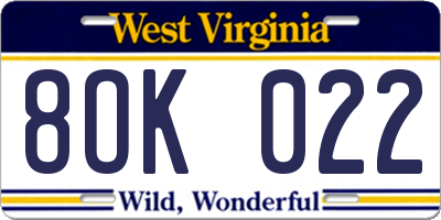 WV license plate 8OK022