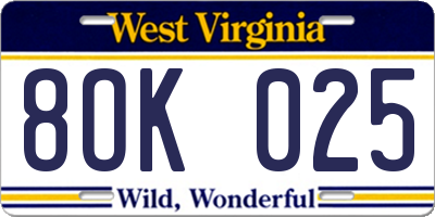 WV license plate 8OK025