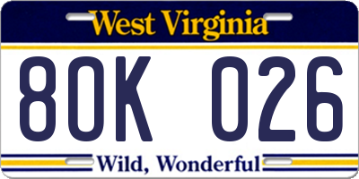 WV license plate 8OK026