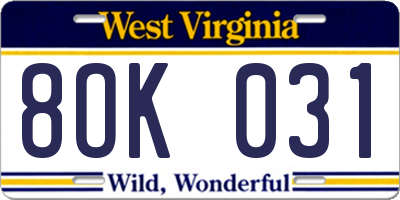 WV license plate 8OK031