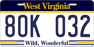 WV license plate 8OK032