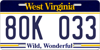WV license plate 8OK033