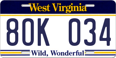 WV license plate 8OK034