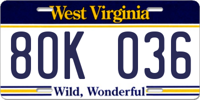 WV license plate 8OK036