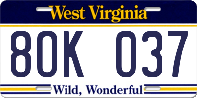 WV license plate 8OK037