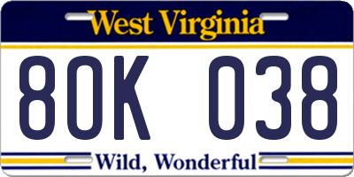 WV license plate 8OK038