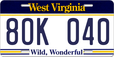 WV license plate 8OK040