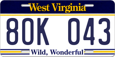 WV license plate 8OK043