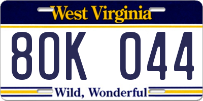 WV license plate 8OK044