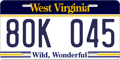 WV license plate 8OK045