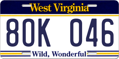 WV license plate 8OK046