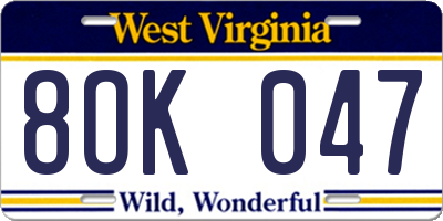 WV license plate 8OK047