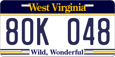 WV license plate 8OK048
