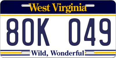 WV license plate 8OK049