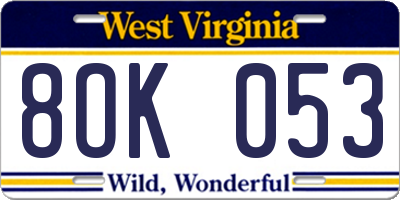 WV license plate 8OK053