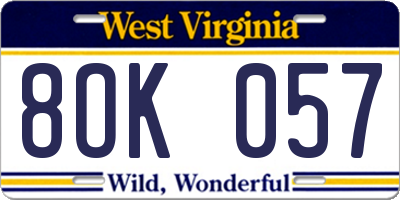 WV license plate 8OK057