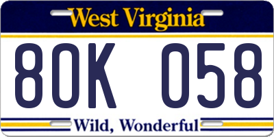 WV license plate 8OK058