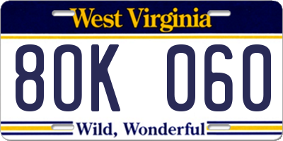 WV license plate 8OK060