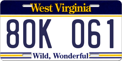WV license plate 8OK061