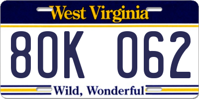 WV license plate 8OK062