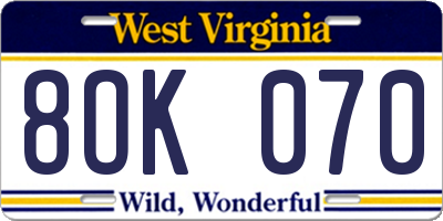 WV license plate 8OK070
