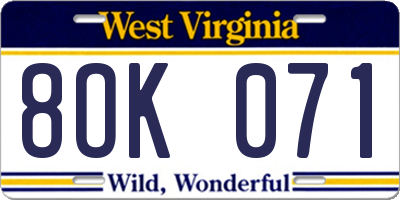 WV license plate 8OK071