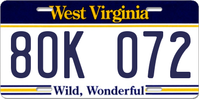 WV license plate 8OK072