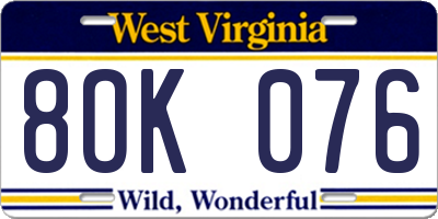 WV license plate 8OK076