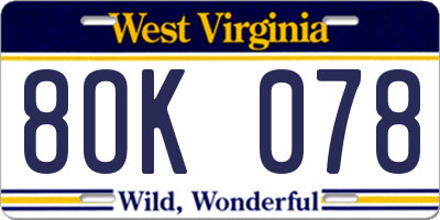 WV license plate 8OK078