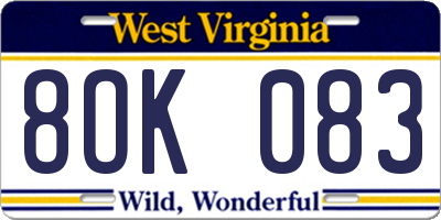 WV license plate 8OK083