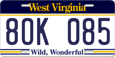 WV license plate 8OK085