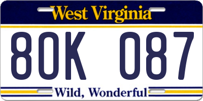 WV license plate 8OK087