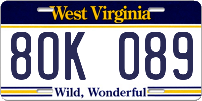 WV license plate 8OK089