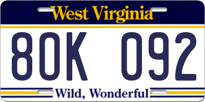 WV license plate 8OK092
