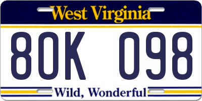 WV license plate 8OK098