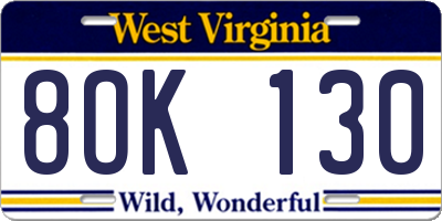 WV license plate 8OK130