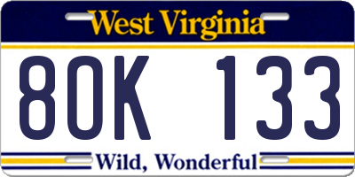 WV license plate 8OK133