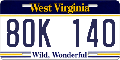 WV license plate 8OK140
