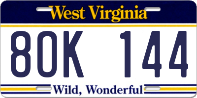 WV license plate 8OK144