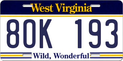 WV license plate 8OK193