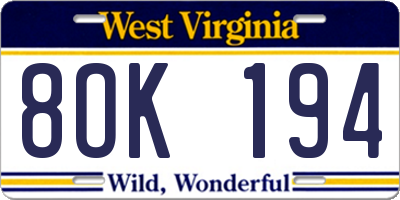 WV license plate 8OK194