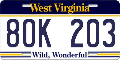 WV license plate 8OK203
