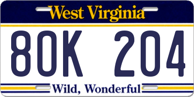 WV license plate 8OK204
