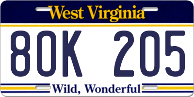 WV license plate 8OK205
