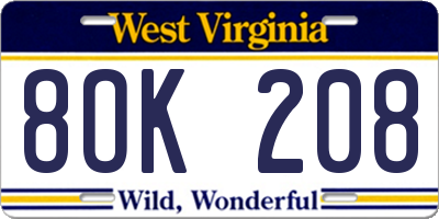 WV license plate 8OK208