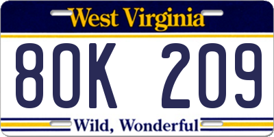 WV license plate 8OK209