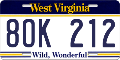 WV license plate 8OK212