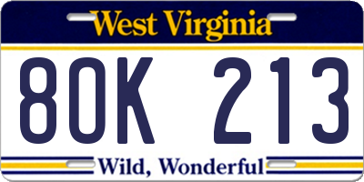 WV license plate 8OK213