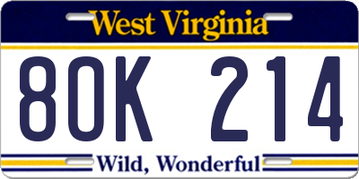 WV license plate 8OK214